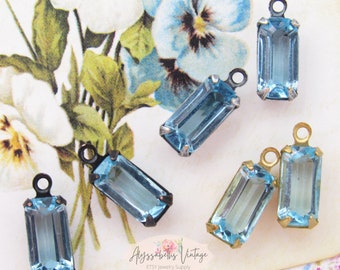 Vintage Transparent Aquamarine 10x5mm Faceted Octagon Set Stones, Rhinestone Drop or Link Raw Brass, Black or Antique Silver Settings - 4