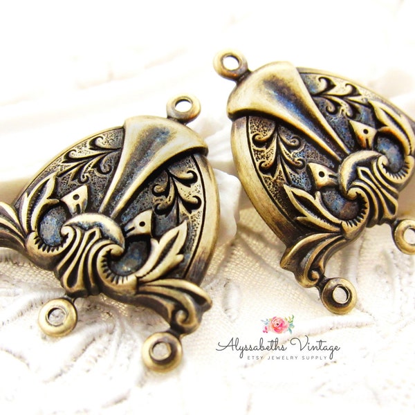 Ornate Art Deco Antique Brass Vine Embossed Chandelier Earring Finding, 23x20mm Brass Ox Stylized Floral Multi Strand Connector - 4