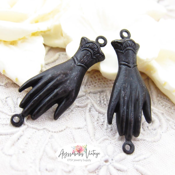 Antiqued Black Patina Victorian Gloved Hand Connector, Edwardian Noire Aged Brass 2 Loop Link Findings 28x10mm - 4