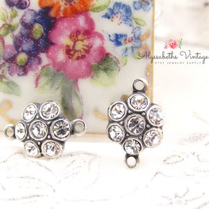 Round Cluster Clear Crystal Rhinestone Flower Charms or Connectors 15x10mm Brass, Black or Silver / Brass Ox Settings 2 Ring Antiq Silver
