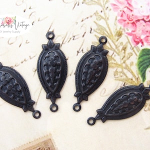 Antiqued Black Patina Victorian Scroll Embossed Teardrop Connectors , Edwardian Noire Aged Brass 2 Loop Link Findings 28x10mm - 4