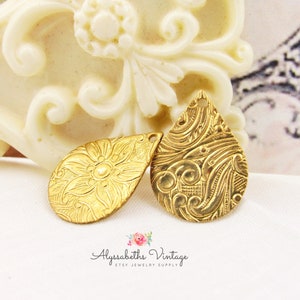 Small Floral & Leaf Embossed Teardrop Charms Drops in Raw Brass Flower Engraved Stampings 17x13mm - 6