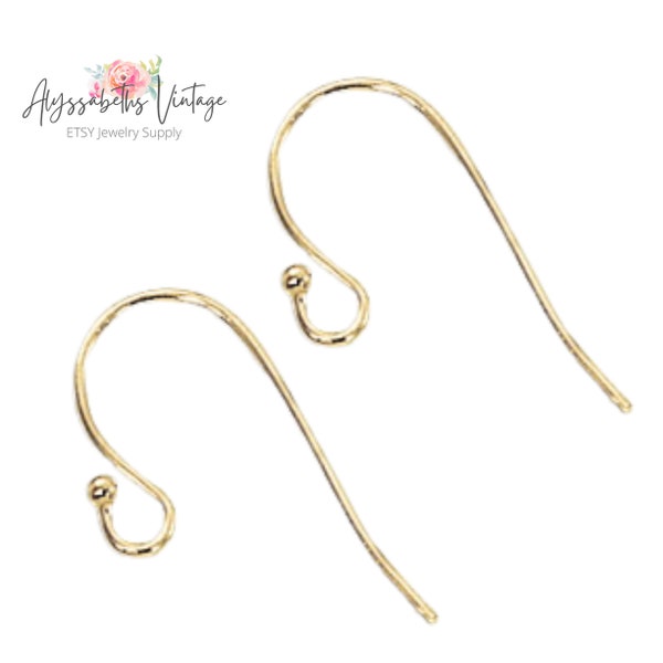 Gold French Ear Wires with Ball, Ear Hooks with Ball in 18k Gold Plate 22 Gauge Wire - 12