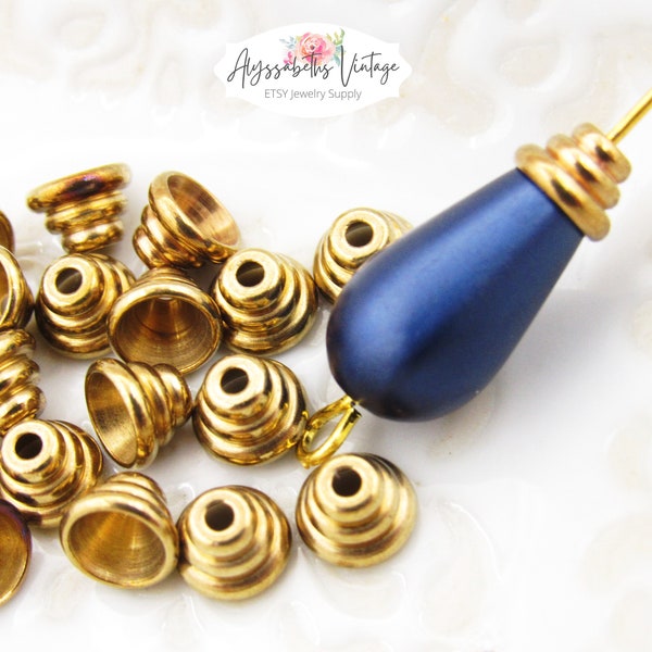 Small Raw Brass Cone Beehive Bead Caps Cord Ends 4x6mm Modern Cast Brass Findings- 8