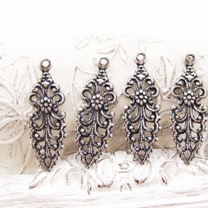 Vintage Style Antique Silver Victorian Floral Filigree Pointed Earring Dangle Connector Lacey Charm 27x9mm 4 image 4