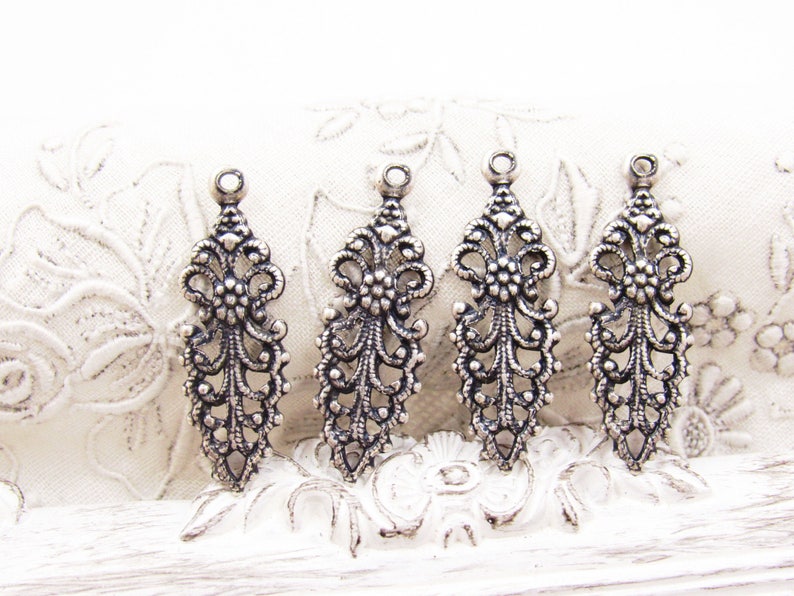 Vintage Style Antique Silver Victorian Floral Filigree Pointed Earring Dangle Connector Lacey Charm 27x9mm 4 image 4