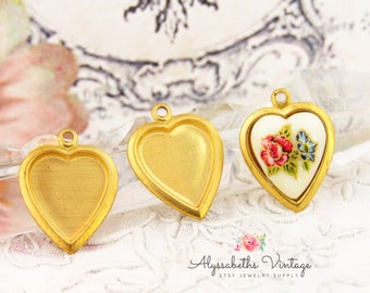 Romantic Raw Brass Heart Bezel Settings for 11x10mm Heart Cabochons & Cameos, Valentine Charm - 4