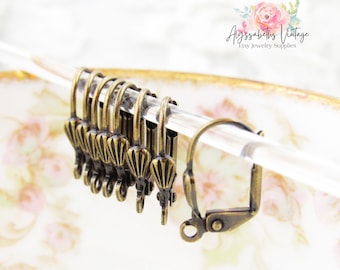 Antique Brass Shell Design Leverback Open Loop Earrings, Fancy Brass Ox Lever Back Earring Findings - 12
