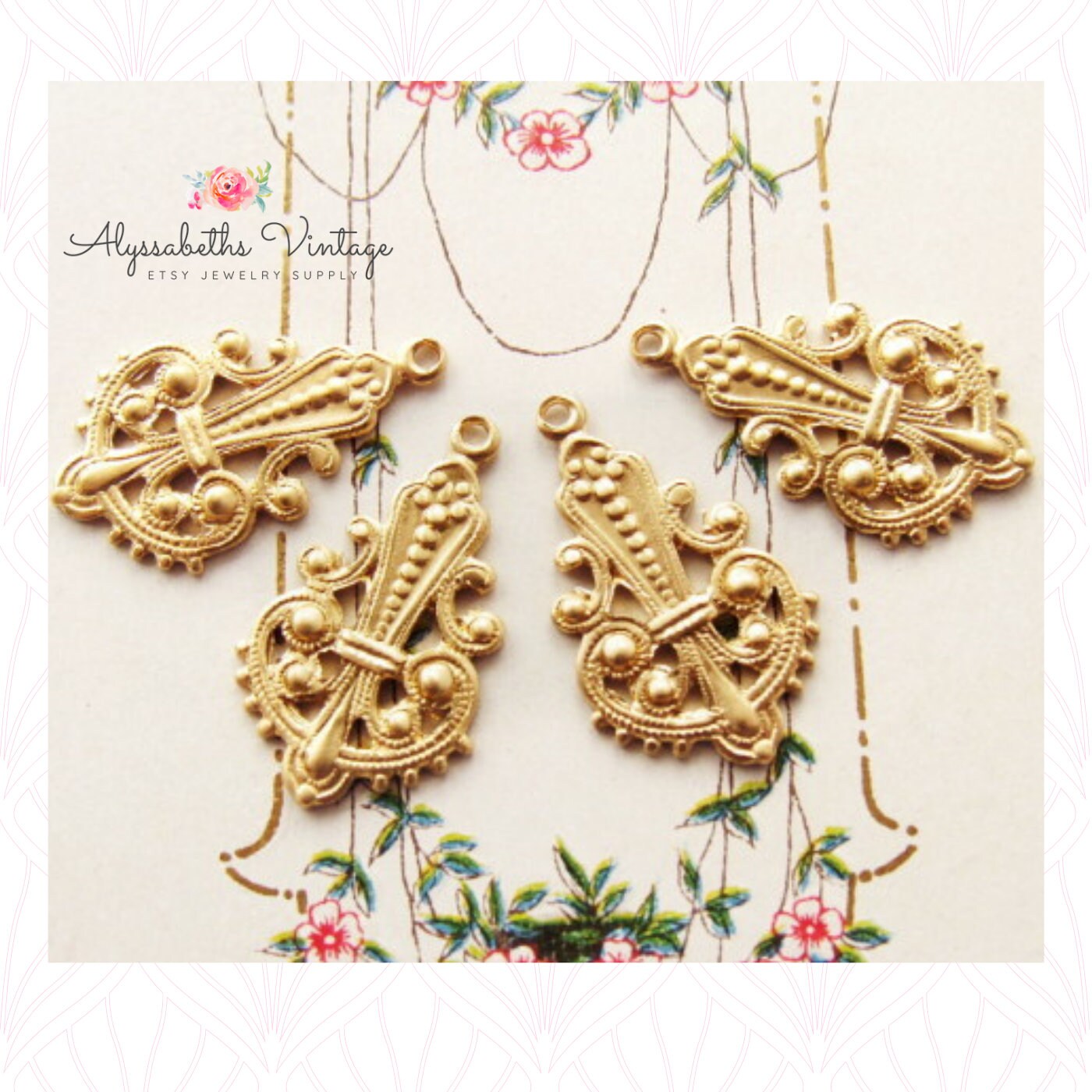 thumbnail image 2 of Raw Brass Drops Victorian Style Earring Findings – Filigree Drops, 4 Pieces, Made In USA 2 of 6