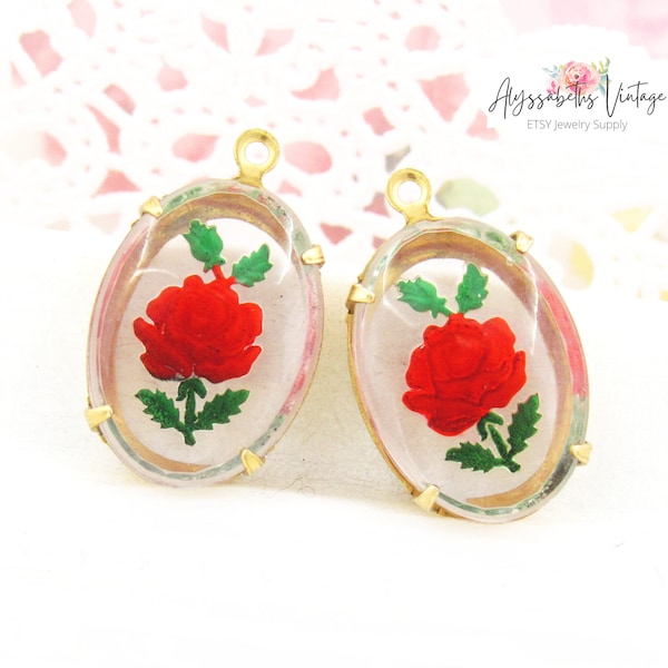 Vintage Red Rose Intaglio Cameo Pendants 18x13mm Single Set Floral Reverse Carved Cabochon Charms Brass, Black, Silver / Brass Ox - 2