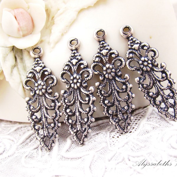 Vintage Style Antique Silver Victorian Floral Filigree Pointed Earring Dangle Connector Lacey Charm 27x9mm – 4