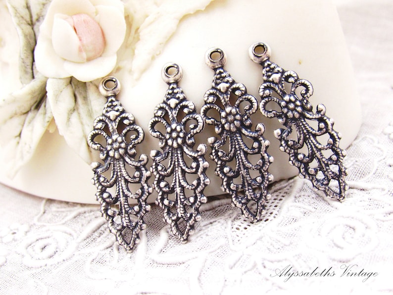 Vintage Style Antique Silver Victorian Floral Filigree Pointed Earring Dangle Connector Lacey Charm 27x9mm 4 image 1