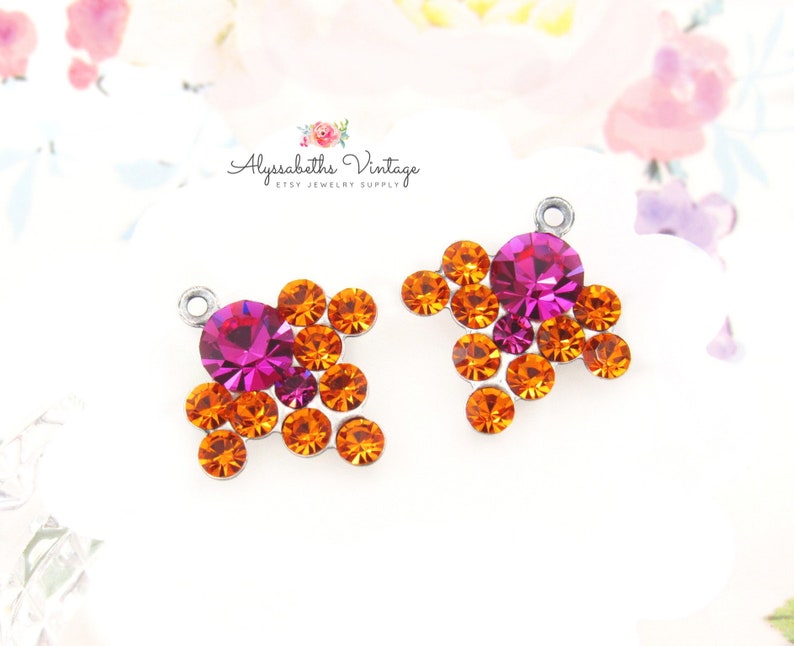 Rhinestone Cascade Cluster Earring Dangles Fuchsia & Orange image 0