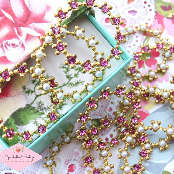 Raw Brass Flower Wreath set with Rose Pink Rhinestones or Ivory Pearls, Rhinestone Circle Ring Findings 29mm - Pair