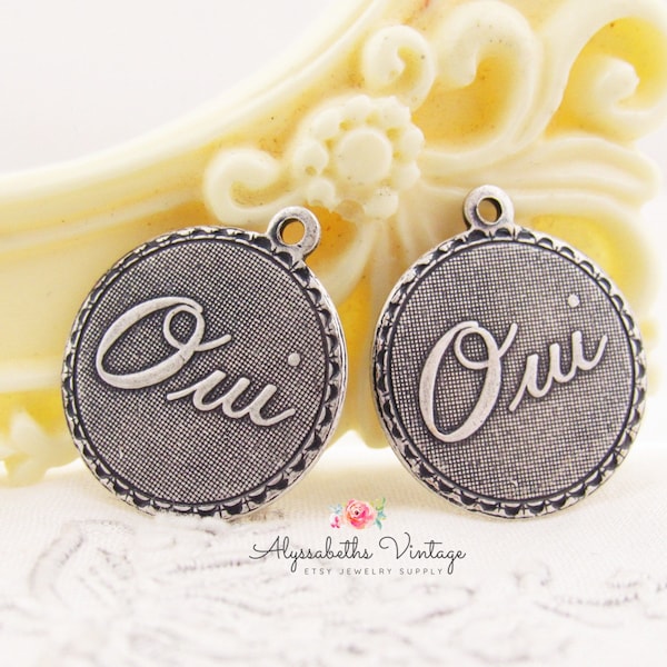 French Chic Romantic Antiqued Silver Ox Oui Yes  Charm Word Pendant 19mm Round - 4