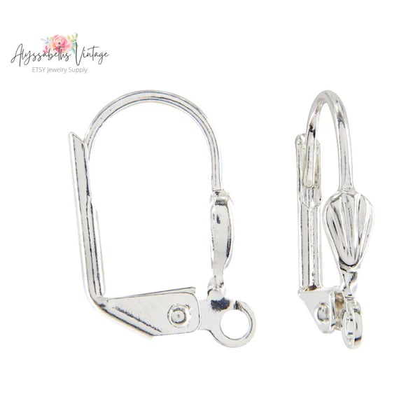 Bright Silver Plated Shell Design Leverback Open Loop Earrings, Fancy Sterling Plate Lever Back Earring Findings - 12