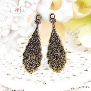 Art Nouveau Oriental Floral Embossed Antique Brass Earring Dangles 31x10mm Bohemian Vine and Flower Drops - 4