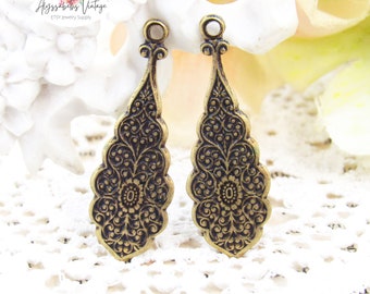 Art Nouveau Oriental Floral Embossed Antique Brass Earring Dangles 31x10mm Bohemian Vine and Flower Drops - 4