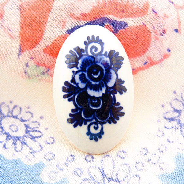 Large Vintage Delft Blue & White Rose Flower Cabochon Porcelain Cameo Oval 34x21mm - 1