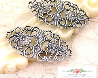 Ornate Antique Silver Ox Art Nouveau Floral Filigree Connectors Bracelet Link Findings Stampings Long Oval 32x16mm - 4