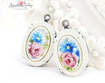 Vintage Matte Crystal with Pink Roses and Blue Floral Cameo Pendants, 18x13mm Single Set German Flower Plastic Cabochons - 2