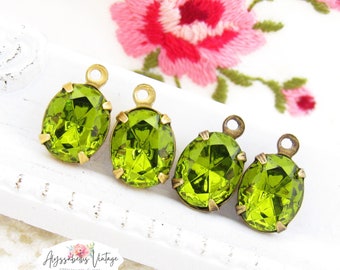 Vintage Austrian Olivine Oval Rhinestone 10x8mm Charms Single Set in Raw Brass, Black, Silver or Brass Ox Drop or Connector Settings – 2