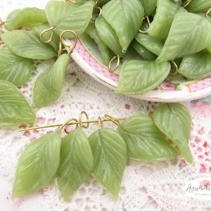 Long Milky Jadeite Green Glass Twist Leaves Charms 24x14mm Handcrafted Green Opal Glass Leaf Bead with Brass Loop Pendants - 6