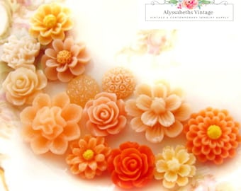 Shades of Peach and Orange Resin Flower Cabochon Assortment, Flat Back Plastic Floral Embellishment Destash Mix Set of 20