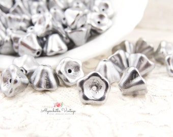 Matte Pewter Silver Bell Flower Beads 8x6mm Opalescent Metallic Pressed Glass Floral Tulip Beads - 25