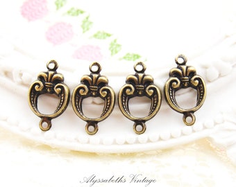 Ornate Antique Brass Victorian Art Deco Fleur de Lis Connectors 2 Ring Round Brass Ox Earring 16x9mm Links - 6