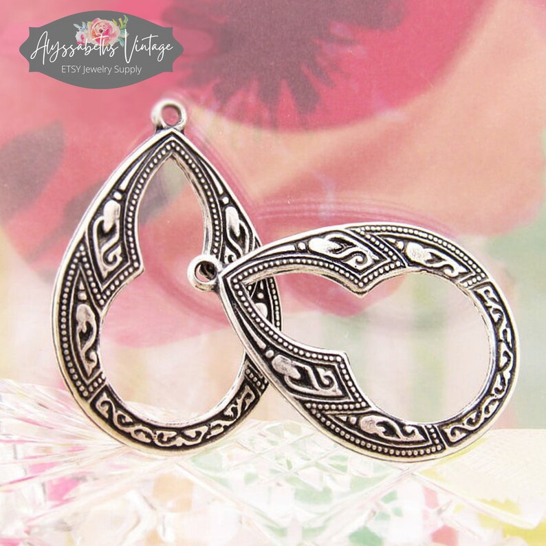 Ornate Art Deco Antiqued Silver Ox Flower Floral Embossed Teardrop Hoop Earring Dangles Drops 4 image 3