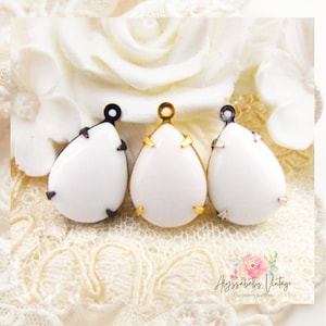 Vintage Opaque White 15x11mm Teardrop Jewels Stones in 1 Loop Brass, Matte Black or Antique Silver Drop Settings 2 image 1