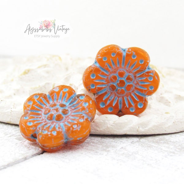 Pressed Glass Floral Orange Opaline with Turquoise Wash Wild Rose Flower Beads 14mm, Red with Bronze Wash Anemone Floral Beads - 6