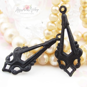 Edwardian Antique Black Earring Dangle, Victorian Gothic Black Patina Brass Charms Pendants Drops 33x17mm - 4