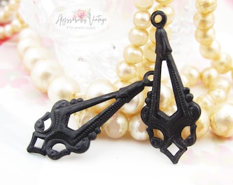 Edwardian Antique Black Earring Dangle, Victorian Gothic Black Patina Brass Charms Pendants Drops 33x17mm - 4