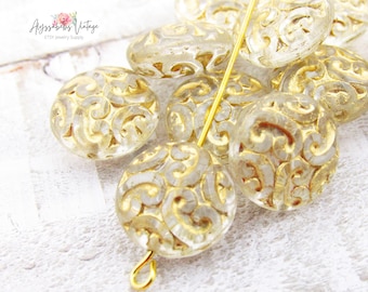 Ornate Baroque Clear & Gold Filigree Embossed Glass Beads 14mm Flat Round Focal Puffed Coin Bead - 10