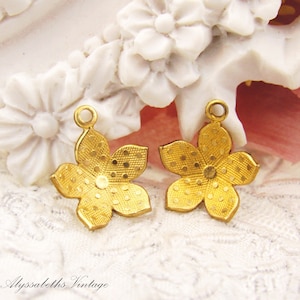 Raw Brass Cupped Flower Petal Charm, Dot Embossed Dapped Center Brass Stamping Floral Drops 13x11mm - 4