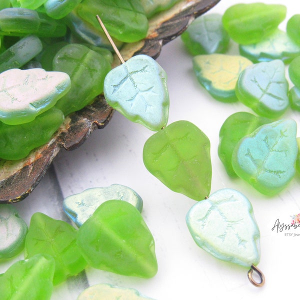 AB Matte Peridot Green Leaf Beads 12x10mm Czech Glass Semi Transparent Frosted Glass Birch Leaves -10