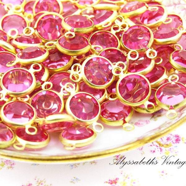 Vintage Rose Pink 8mm Round Austrian Crystal Gold Plated 2 Ring Connectors Channel Set Rhinestone Links – 4