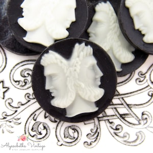 Vintage Black & White Roman God Janus Cameos 20mm Round Wedgewood Style Head Resin Disc Cabochons - 4