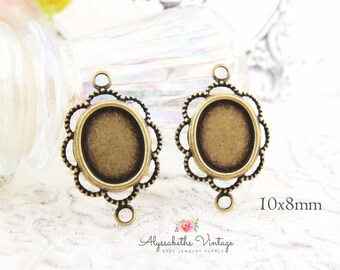 10x8mm Ornate Antique Brass Ox Lace Edge Filigree Oval Bezel Setting Connector, Victorian Flat Back Cabochon Cameo Link Blank - 4