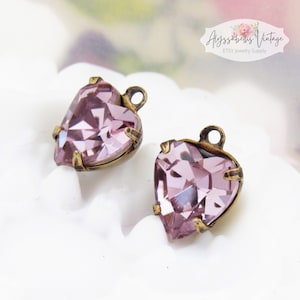 Light Amethyst Rhinestone Heart Charms 9x8mm Pale Purple Crystal Valentine Drops or Connectors - Pair