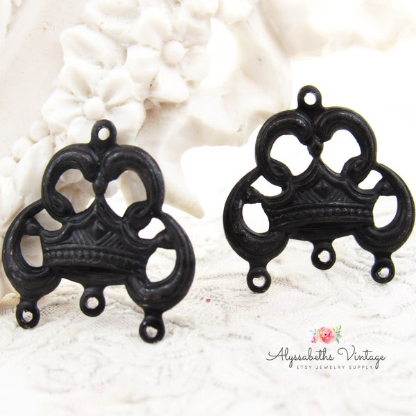 Ornate Antiqued Black Patina Crown Filigree Chandelier Earring Three Strand Connector - 4