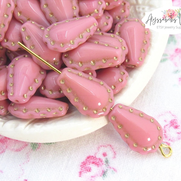 Vintage Style Opaque Pink & Antiqued Gold Dot Glass Teardrop Beads, 17x11mm Horseshoe Pear Shaped Czech Glass Drop Beads - 6
