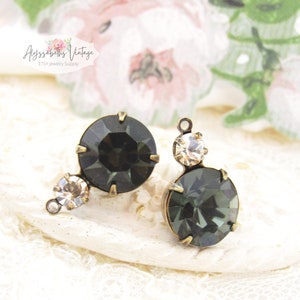 Vintage Austrian Morion with Honey Gold Round Rhinestone Earring Dangles 18x11mm 1 Ring Drop Brass, Matte Black or Silver Ox Settings - 2