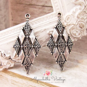Geometric Art Deco Harlequin Diamond & Filigree Embossed Antique Silver Earring Dangles 33mm Long Pendants - 4