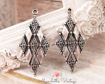 Geometric Art Deco Harlequin Diamond & Filigree Embossed Antique Silver Earring Dangles 33mm Long Pendants - 4