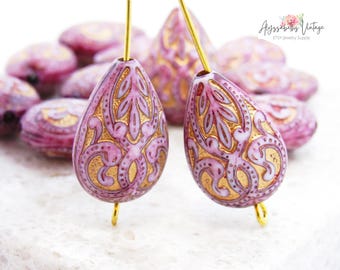 Perles baroques lilas antiques violet et or en forme de larme en relief en filigrane floral en plastique acrylique en forme de poire 19 x 13 mm – 6