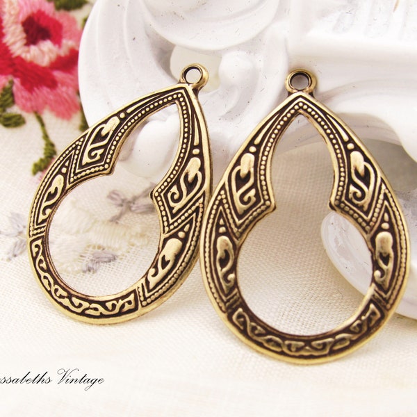 Ornate Bohemian Antiqued Brass Floral Embossed Teardrop Hoop Earring Art Deco Dangles Drops - 4