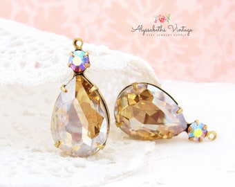 Champagne Gold Pear Stones with AB Rose Austrian Rhinestones Set Stone Drops 26x13mm in Raw Brass, Black, Antique Silver Settings – 2